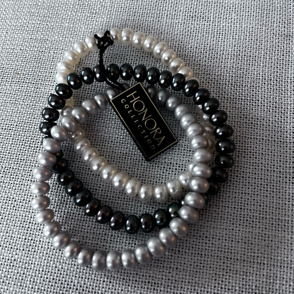 Honora Elegant Pearl Bracelet Set - Black, White, Silver